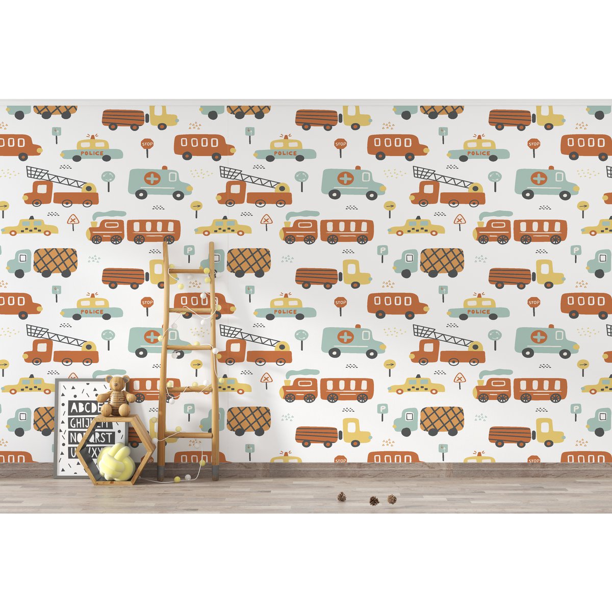Behang kinderkamer | Little Town | Voertuigen
