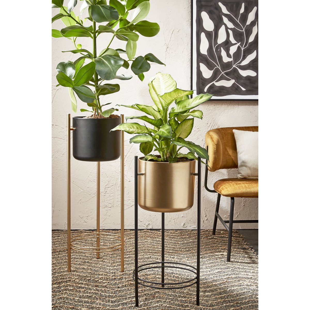 Sverre Bloempot op Standaard - H66 x Ø27 cm - Metaal - Goud, Zwart